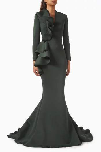 Ruffle-trim Gown in Scuba Fabric