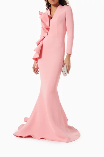 Ruffle-trim Gown in Scuba Fabric