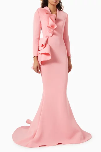 Ruffle-trim Gown in Scuba Fabric