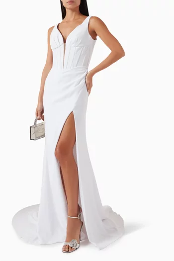 Plunge-neck Slit Gown in Crepe
