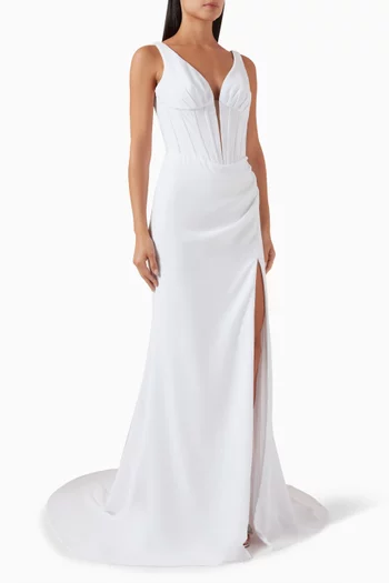 Plunge-neck Slit Gown in Crepe