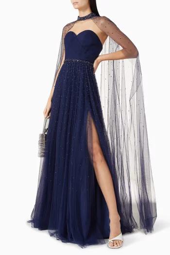 Bead-embellished Cape Gown in Tulle