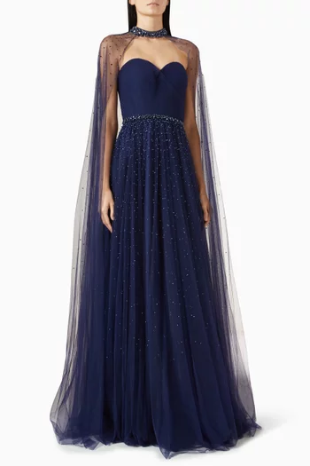 Bead-embellished Cape Gown in Tulle