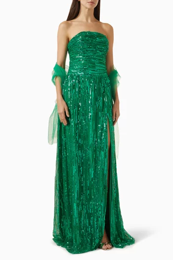 فستان سهرة بلا حمالات مزين بالترتر