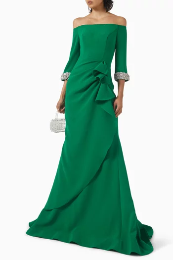 Rhinestone Off-shoulder Gown in Crepe