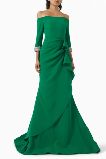 Rhinestone Off-shoulder Gown in Crepe