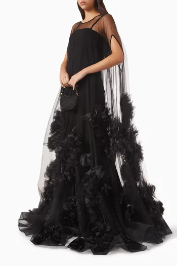 فستان سهرة بطبقة كشكش كريب وقماش شبكي