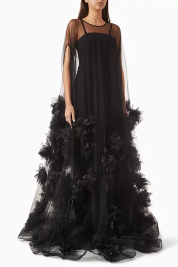 فستان سهرة بطبقة كشكش كريب وقماش شبكي