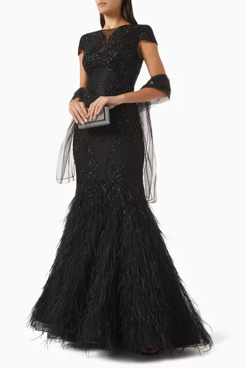 Embellished Feather-hem Gown