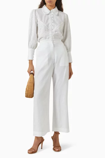 طقم قميص وبنطال مطرز كتان