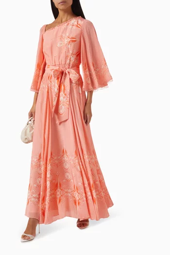 One-shoulder Belted Maxi Dress in Crepe