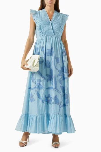 Floral-embroidered Midi Dress in Cotton-silk