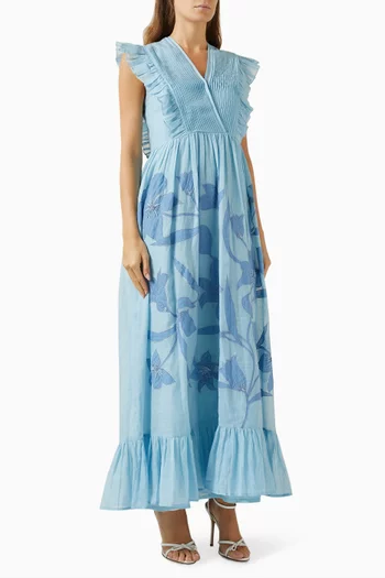 Floral-embroidered Midi Dress in Cotton-silk