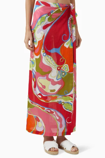 Orchidee-print Wrap Maxi Skirt in Cotton-muslin