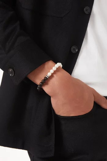 Gear Trio Wood & Pearl Beads Bracelet in Rhodium-plated Sterling Silver