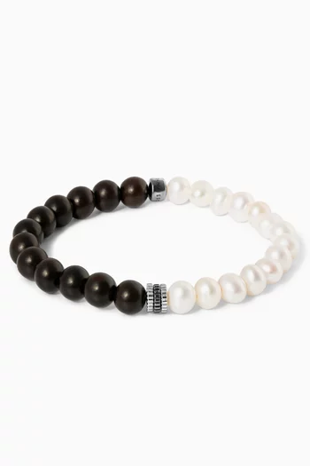 Gear Trio Wood & Pearl Beads Bracelet in Rhodium-plated Sterling Silver