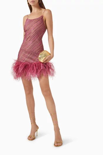 Shiny Striped Feather-trimmed Mini Dress