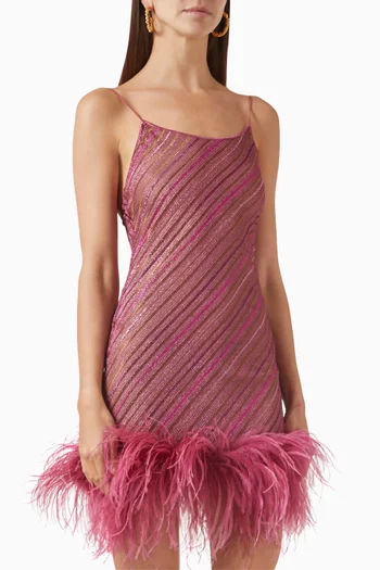 Shiny Striped Feather-trimmed Mini Dress
