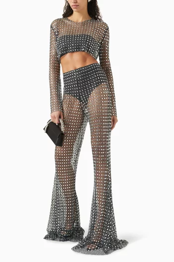 Crystal-embellished Flared Pants in Mesh
