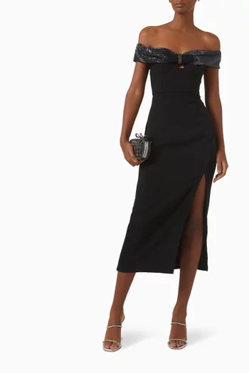 Off-shoulder Bow Midi Dress in Crepe