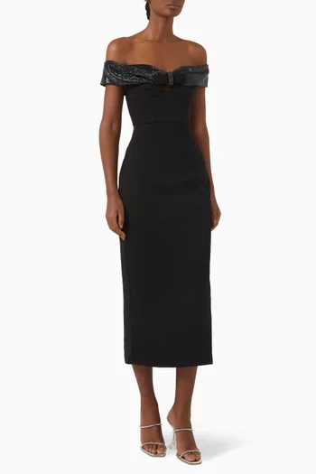 Off-shoulder Bow Midi Dress in Crepe