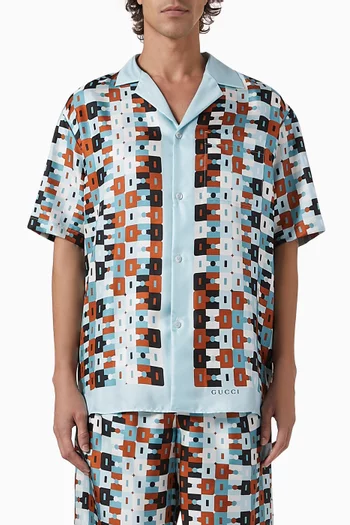 Geometric Horsebit Camp Collar Shirt in Silk Twill