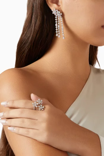 Flower Fringe CZ Earrings in Rhodium-plated Brass