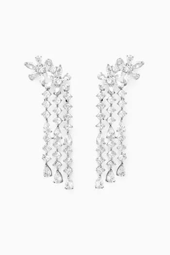 Flower Fringe CZ Earrings in Rhodium-plated Brass