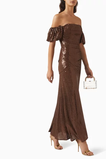 Sunbeam Valentina Off-shoulder Gown in Stretch Sequin Mesh