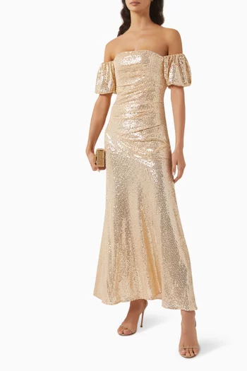 Sunbeam Valentina Off-shoulder Gown in Stretch Sequin Mesh