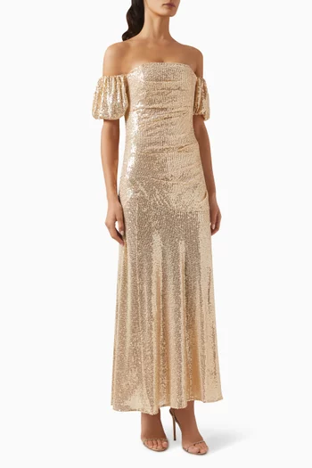 Sunbeam Valentina Off-shoulder Gown in Stretch Sequin Mesh