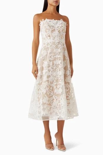 Flower Appliqué Midi Dress in Corded Lace