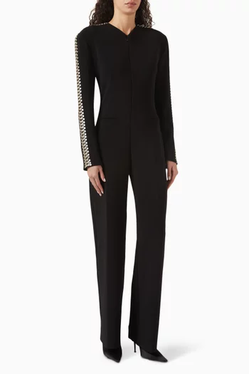 Stud Zip Front Jumpsuit in Stretch Poly Lycra