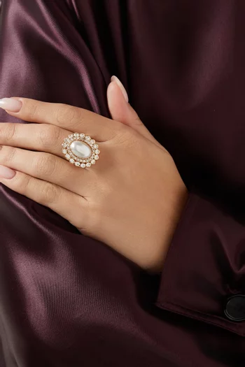 Crystal & Pearl Cluster Ring in Gold-plated Brass
