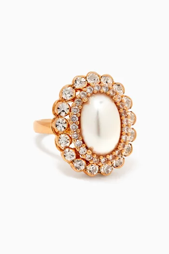 Crystal & Pearl Cluster Ring in Gold-plated Brass