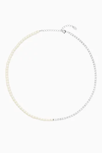 Camille Pearl & Crystal Tennis Necklace in Sterling Silver