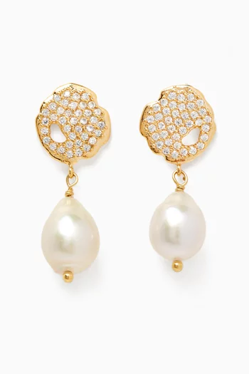 CZ Disc Pearl Earrings in Gold-plated Brass