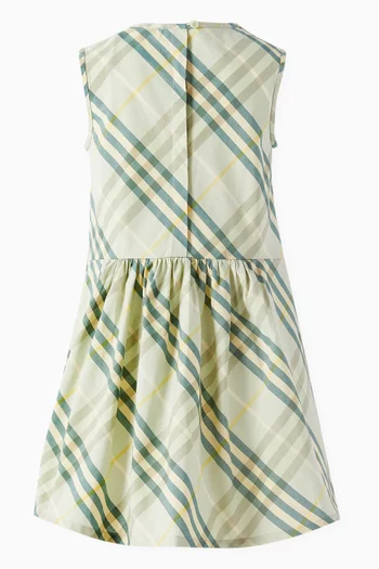 Smocked Check Midi Dress in Cotton-poplin