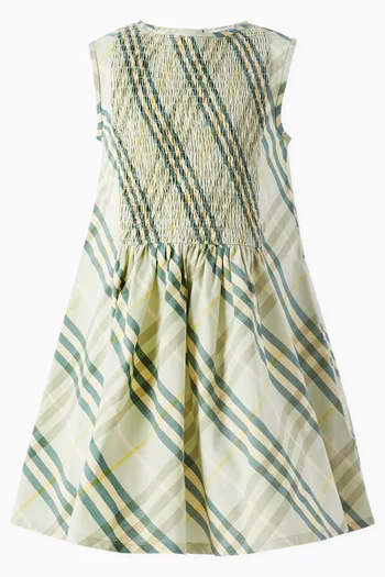 Smocked Check Midi Dress in Cotton-poplin