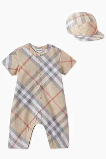 Check Romper and Hat Set in Cotton