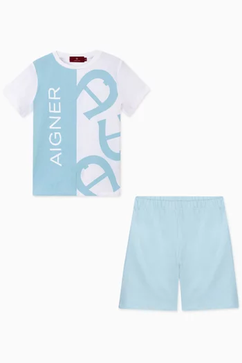 Colour-blocked Shirt & Shorts Set in Cotton
