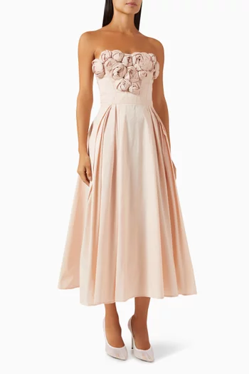 Embroidered Rose Strapless Maxi Dress in Gabardine
