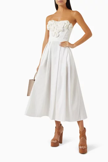 Embroidered Rose Strapless Maxi Dress in Gabardine