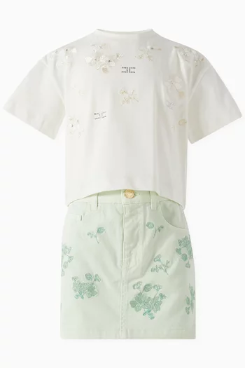 Floral Embroidered Skirt in Denim