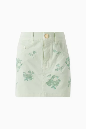 Floral Embroidered Skirt in Denim