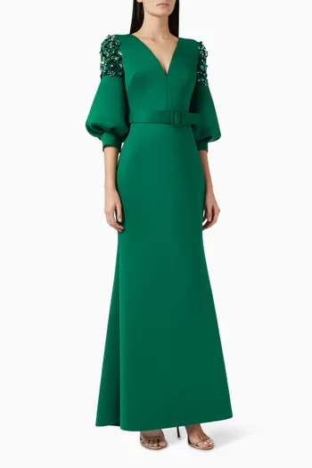 Sequin-embellished Belted Gown in Scuba