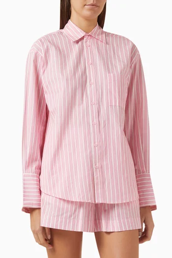 Olive Stripe Oversized Shirt in Cotton-poplin