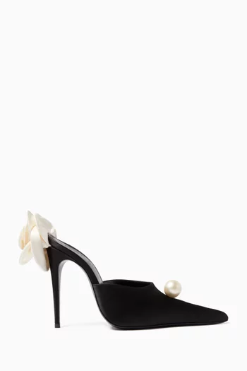 Point-toe 110 Flower Mules in Satin