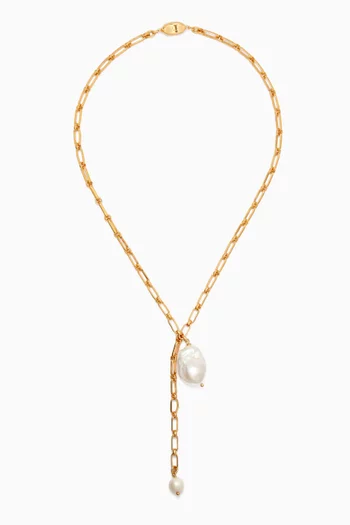 Y-Chain Pearl Necklace in 24kt Gold-plated Brass