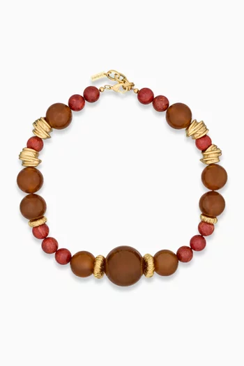 Bead Necklace in Coral, Resin & Metal